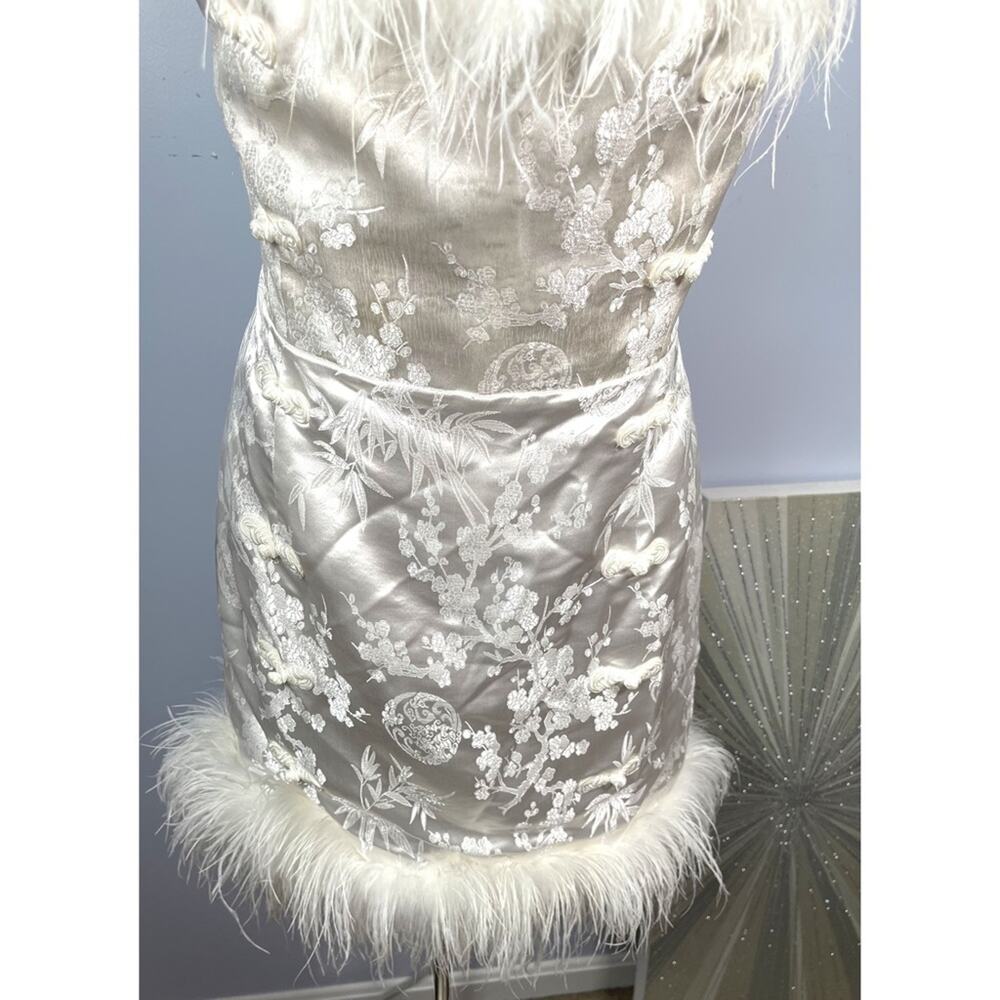 Sau Lee Jayde Sateen Jacquard Feather Hem Ivory White Mini Dress Size 14 - Picture 6 of 13